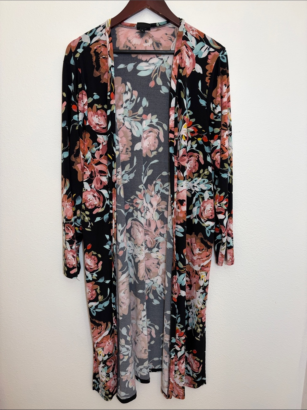 Torrid Floral Long Open Front Cardigan - Black with Pink Roses